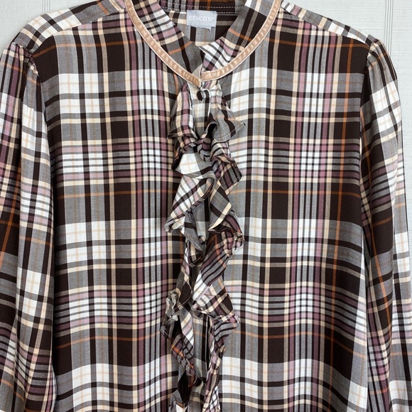 Chico’s Brown Orange Pink Plaid Long Sleeve Ruffle Button Up Top - Picture 2 of 6